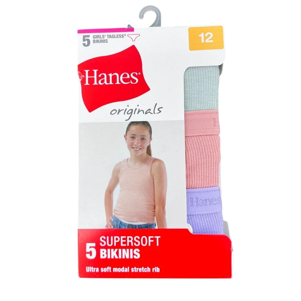 Hanes Originals Supersoft Girls Bikini 5 Pack Multicolor Size 12 Stretch Rib NEW